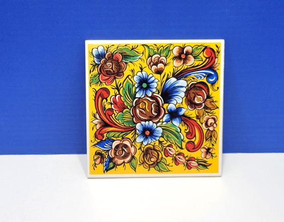 Vintage Scandinavian Trivet Tile Yellow Rosemaling Salem China Co
