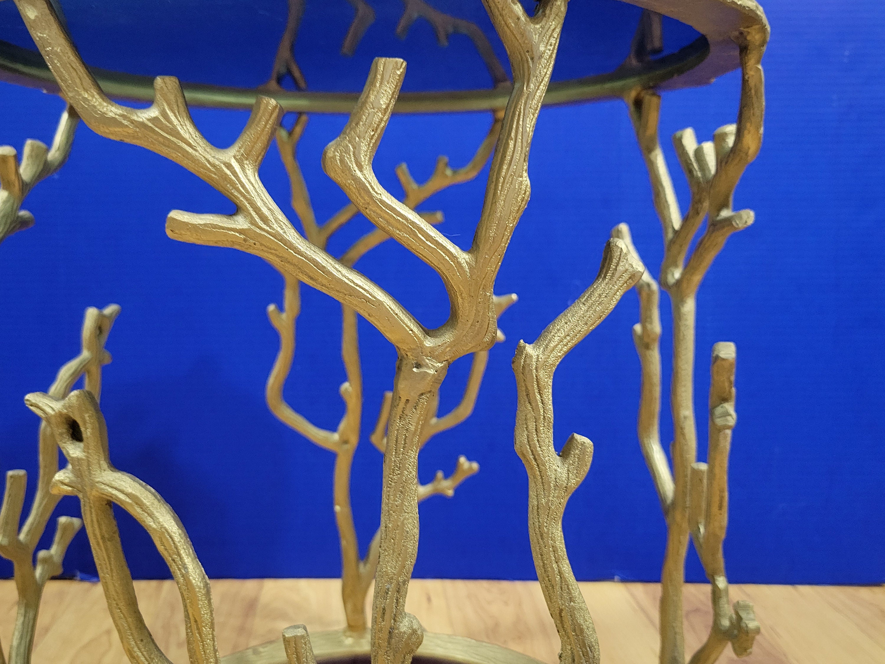 Vintage Gold Metal Tree Branch Table with Smoky Glass Top