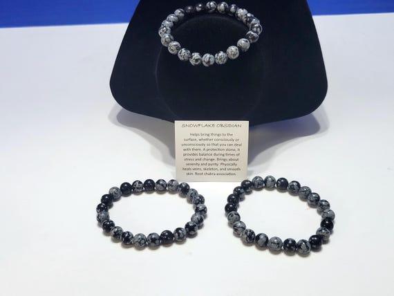 Vintage Snowflake Obsidian Beaded Bracelets Set of 3 for Protection