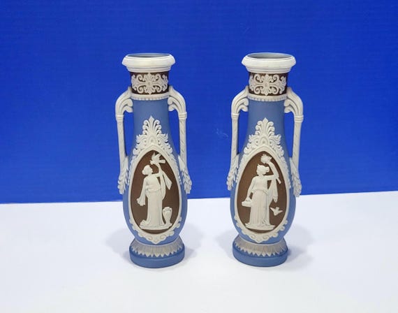 Vintage Blue and White Jasperware Vases Neoclassical Wedgewood