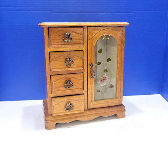 Vintage Standing Wood Jewelry Box with Stained Glass Door