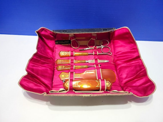 Antique Manicure Grooming Kit with Gold Handles in Case
