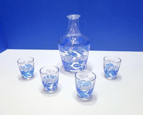 Vintage Luminarc Blue and White Feather Glass Decanter Set