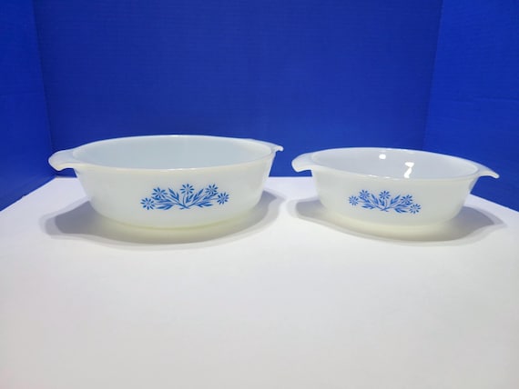 Pair Vintage Fire King Blue Cornflower Casserole Baking Dishes