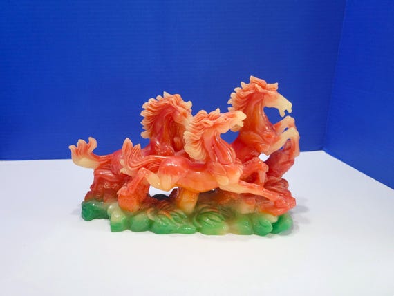 Vintage Feng Shui Orange Lucky Three Running Horses Statue
