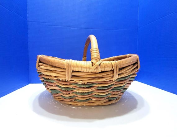 Vintage Woven Curvy Wicker Farmhouse Basket Red and Green Accents