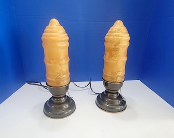 Pair Antique Art Deco Amber Glass Bullet Lamps