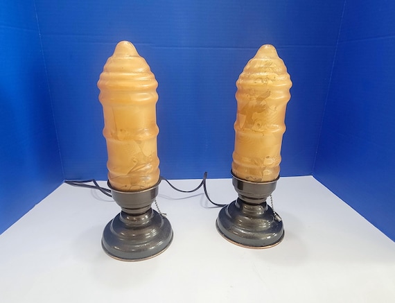 Pair Antique Art Deco Amber Glass Bullet Lamps