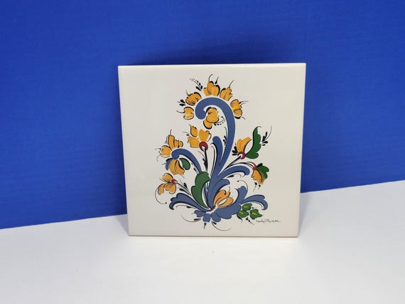 Vintage Scandinavian Trivet Tile White Rosemaling Carolyn Borgen
