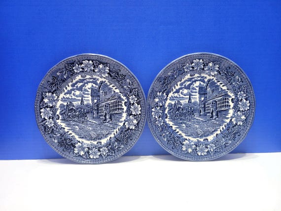 Pair Vintage Royal Tudorware Coaching Taverns Blue Transferware 8" Plates