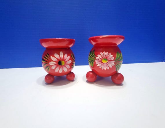 Vintage Swedish Red Wood Candle Holders Pair
