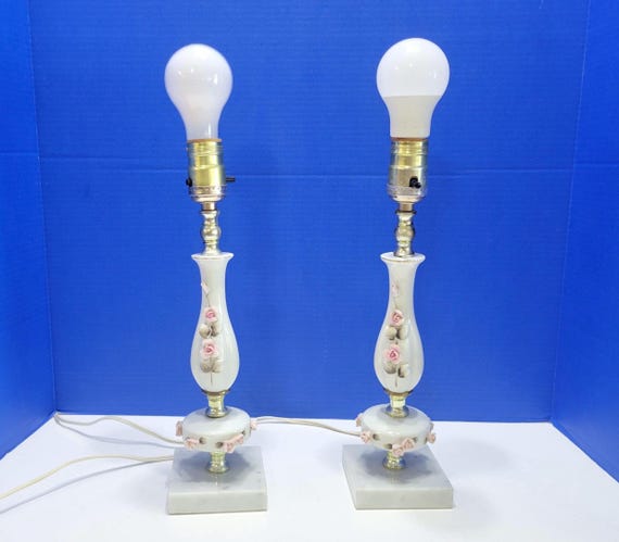 Pair Vintage Pink Ceramic Flower Table Lamps with Marble Bases