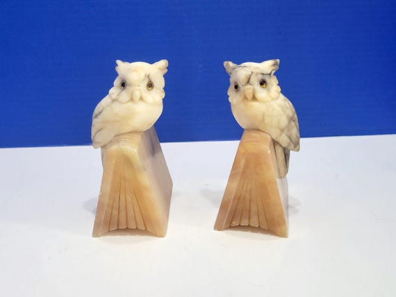 Vintage Carved Owl Alabaster Bookends Pair