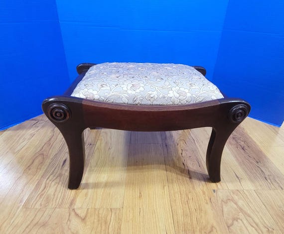 Vintage Walnut Wood Footstool with Brocade Champagne Floral Upholstery