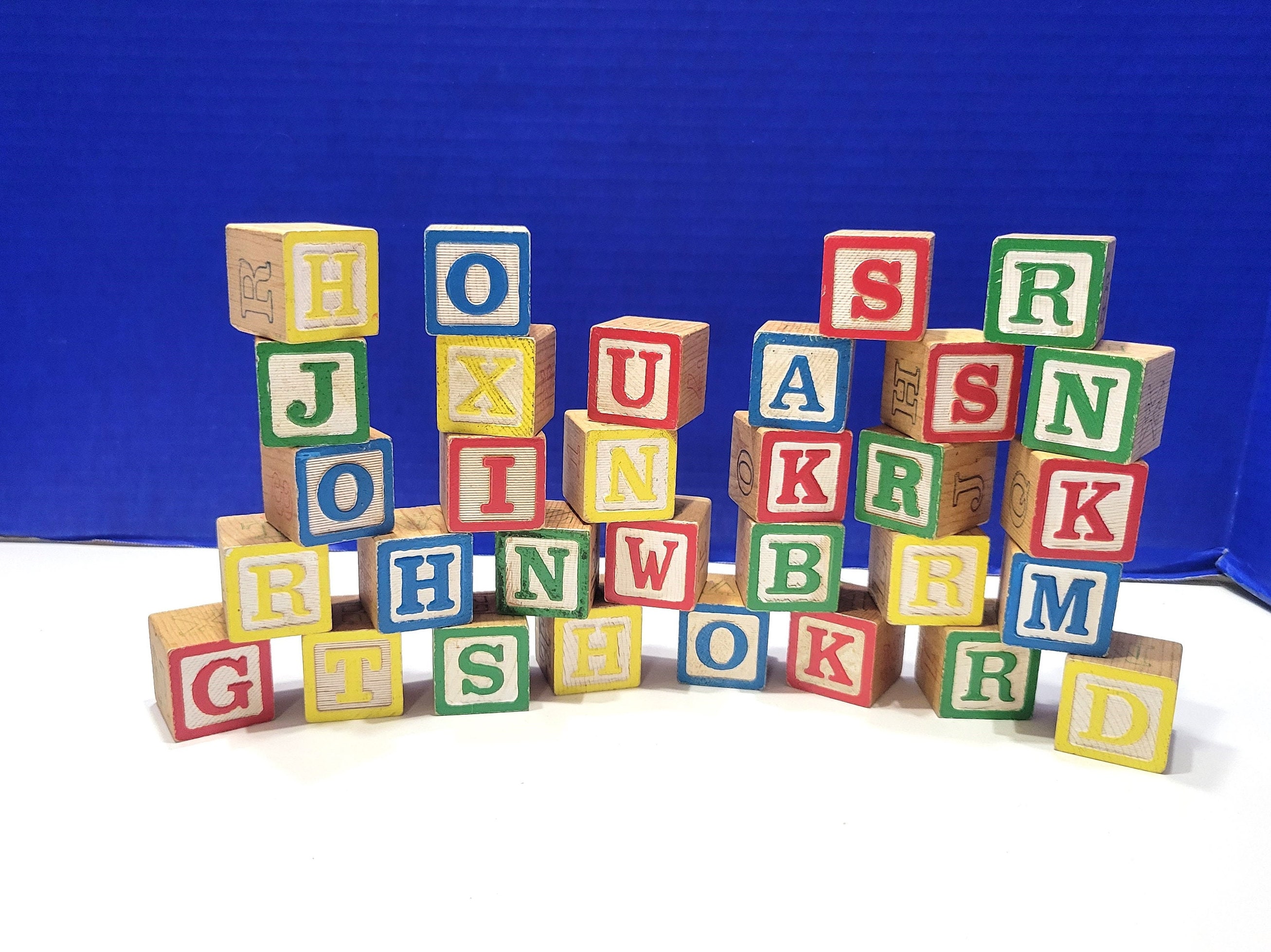 Lot Of Vintage Wood Letter Blocks, 28 Blocks Total, A B C Block