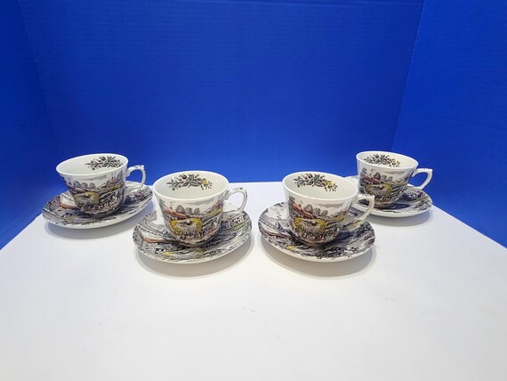 4 Vintage Yorkshire Ironstone Tea Cups and Saucers Staffordshire England Farm Scene
