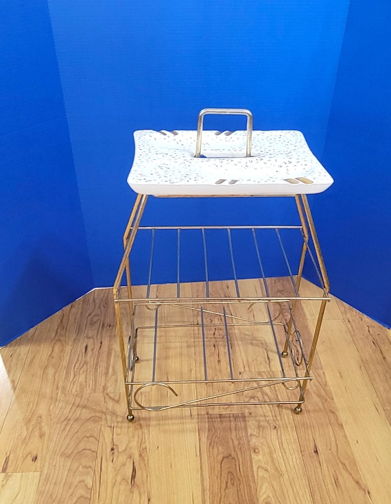 Midcentury White and Gold Brass Standing Ash Tray Magazine Rack