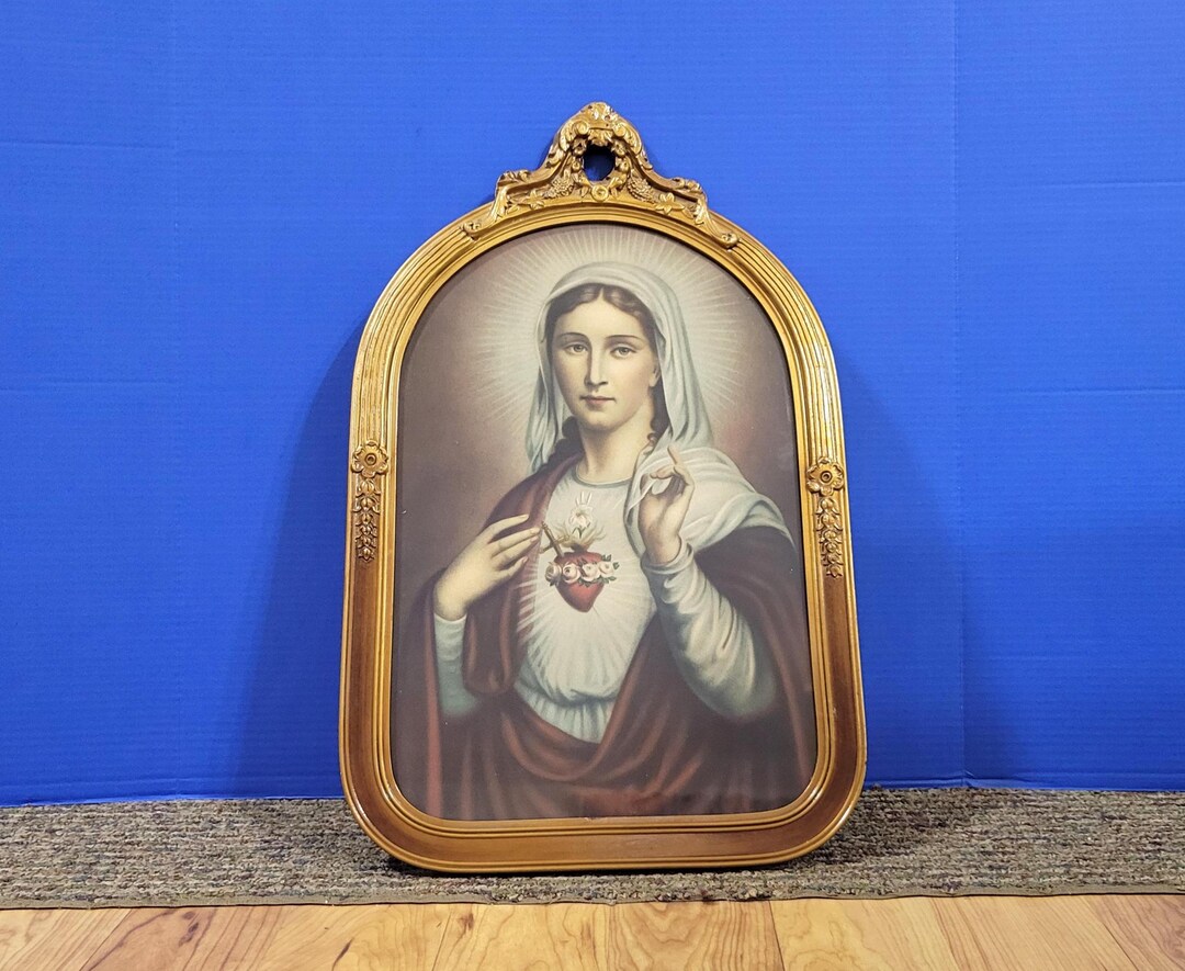 Antique Virgin Mary Sacred Heart Lithograph in Gold Gesso Frame 23 X 14 ...