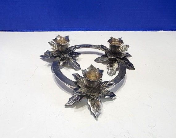 Vintage Silverplate Holly Leaf Candle Ring for 3 Taper Candles