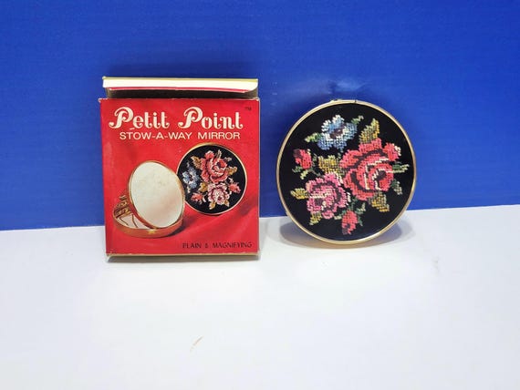 Vintage Petit Point Stowaway Plain and Magnifying Mirror