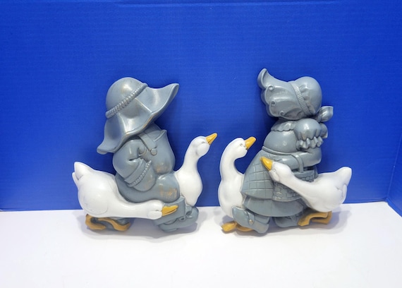 1988 Vintage Burwood Boy and Girl with Geese Wall Plaques