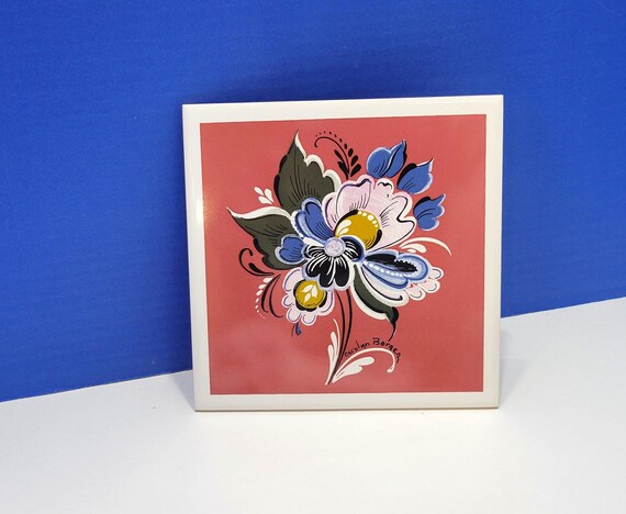 Vintage Scandinavian Trivet Tile Red Rosemaling Carolyn Borgen