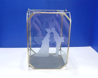 Large Vintage Geometric Glass Lantern Etched with Handle