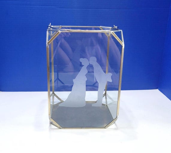 Large Vintage Geometric Glass Lantern Etched with Handle