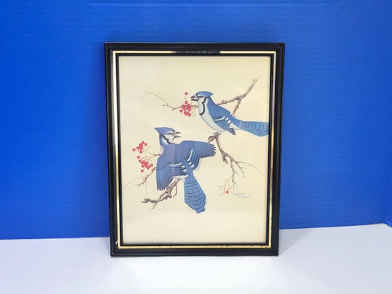 Vintage Sherm Pehrson Blue Jay Birds Print Framed 11 x 8 5/8