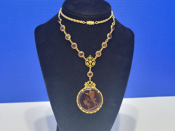 Vintage Cupid Intaglio Ornate Amber Necklace