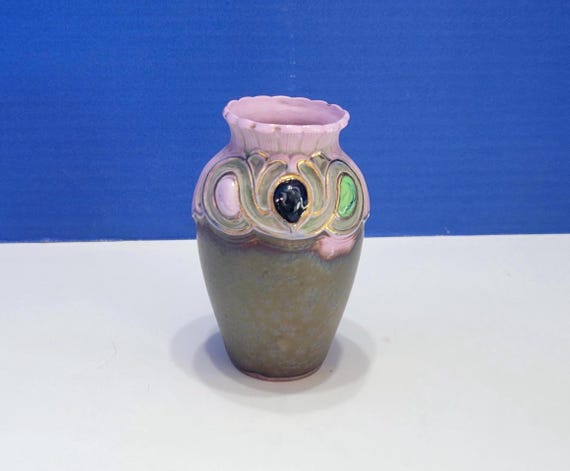 Antique Schafer and Vater German Art Noveau Jeweled Iridescent Vase 4"