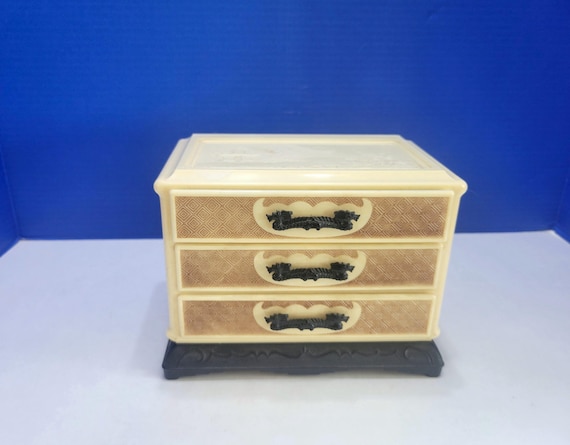 Vintage Asian Celluloid 3 Drawer Jewelry Box with Dragon Handles