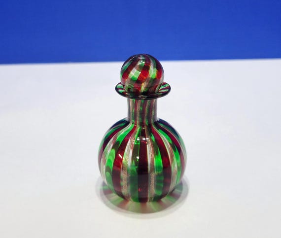 Vintage Murano Venetian Glass Ruby and Emerald Striped Perfume Bottle
