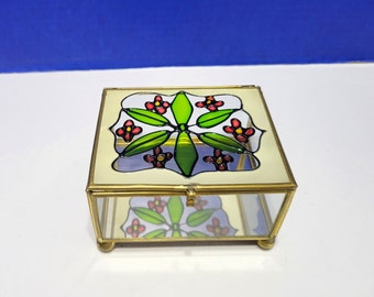 Vintage Brass and Glass Box Stained Glass Flower Lid