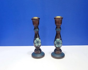 Vintage Blue Wood Hand Painted Candlesticks Scandinavian Flowers