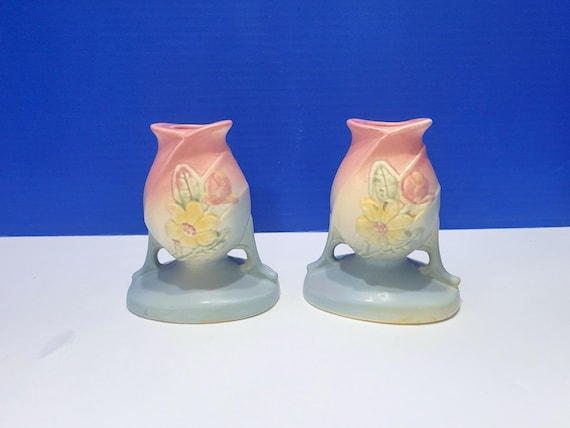 Vintage Hull Pottery Magnolia Candlestick Holder Pair