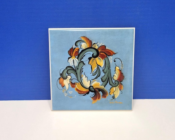 Vintage Scandinavian Trivet Tile Blue Rosemaling by Carolyn Borgen