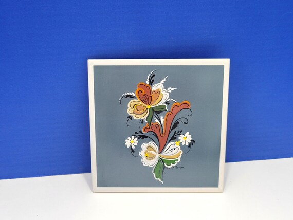 Vintage Scandinavian Trivet Tile Country Blue Rosemaling Carolyn Borgen