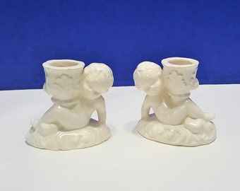 Pair Vintage White Ceramic Cherub Baby Candleholders