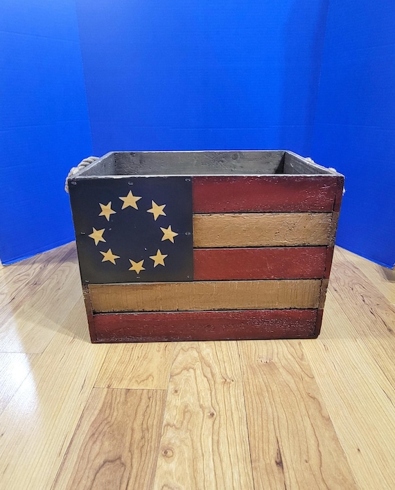 Vintage Wood Crate Storage Box with American Flag and Rope Handles