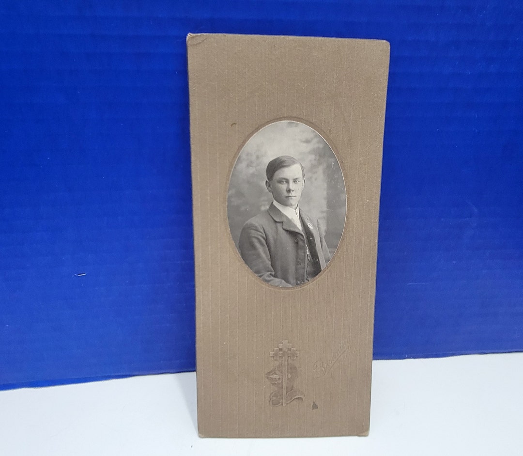 Antique Long Card Photograph Young Man in Suit Oval Frame Etsy