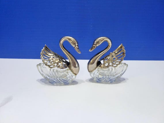 Vintage Silverplate Swan Salt Cellars with Movable Wings Made in Italy