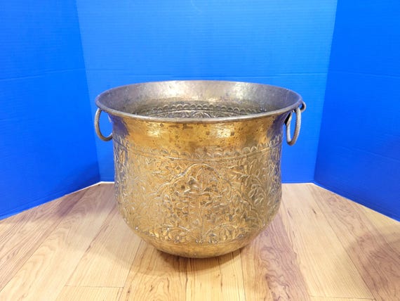Large Round Brass Planter Embossed Leaves and Textured Handles