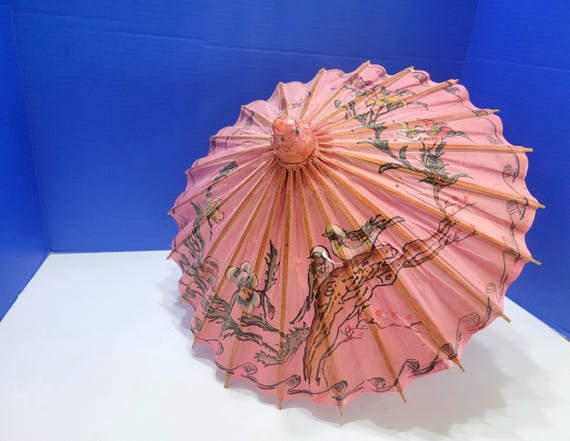 Vintage Asian Pink Oil Paper Umbrella Parasol with Birds