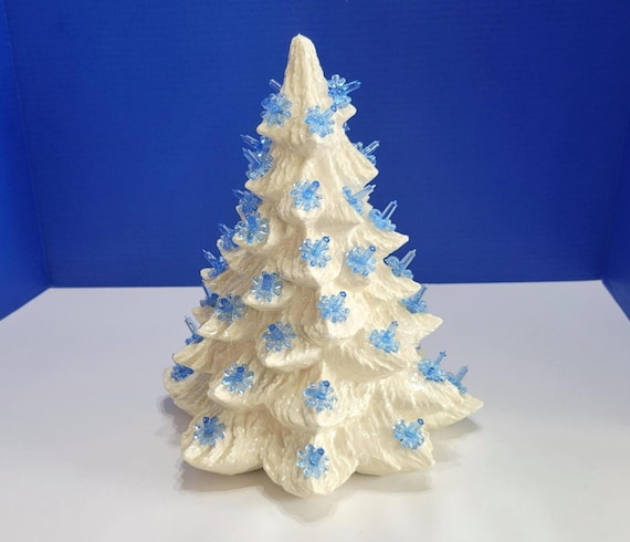 Vintage White Ceramic Christmas Tree with Blue Lights