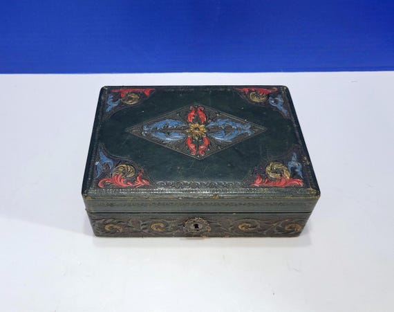Antique Green Italian Leather Ornate Jewelry Box