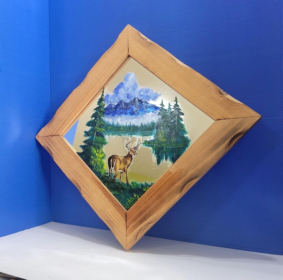 Vintage Painted Deer Mirror in Wood Frame 16 x 16