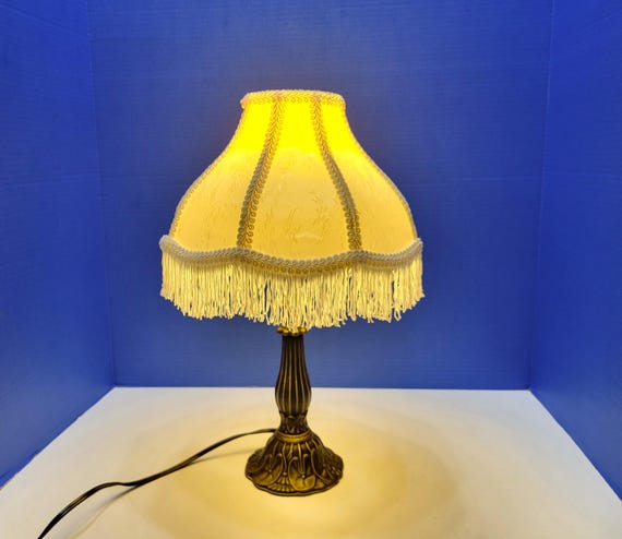 Vintage Bronze Colored Table Lamp with Lily Pads and Fringe Shade