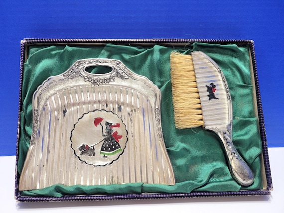 Vintage Metal Scottie Dog Crumb Pan and Brush Set in Box