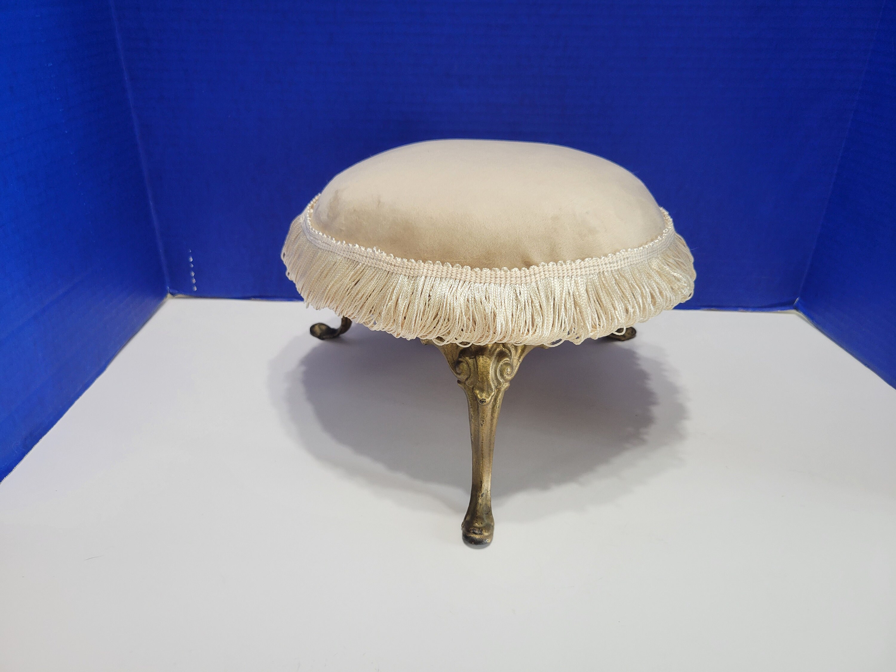 Antique Foot Stool Victorian 3 Gold Leg Ottoman Beige with Fringe